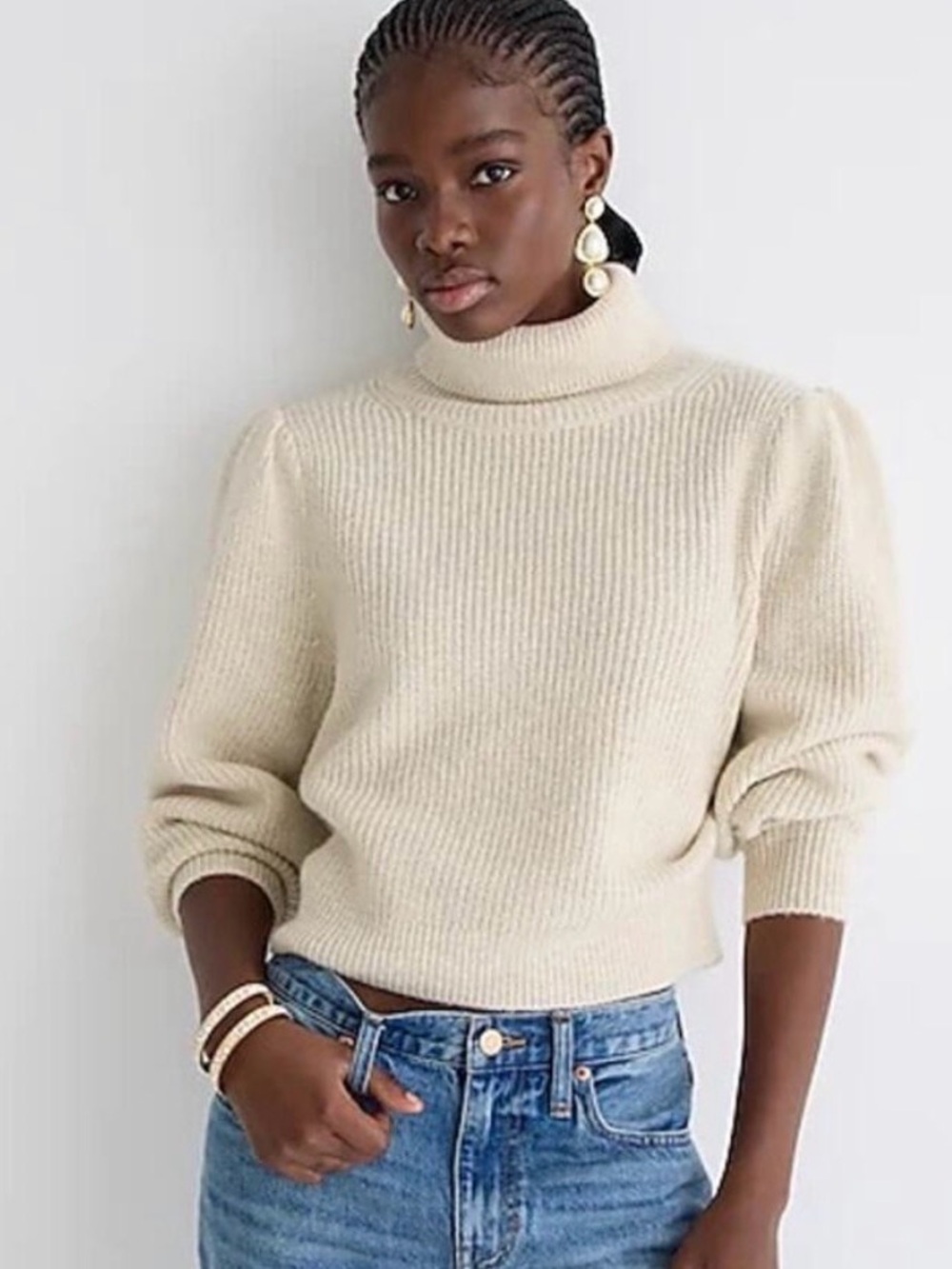 J. Crew Women’s Merino Wool/Alpaca Puff Sleeve Turtleneck Cropped Sweater Size L